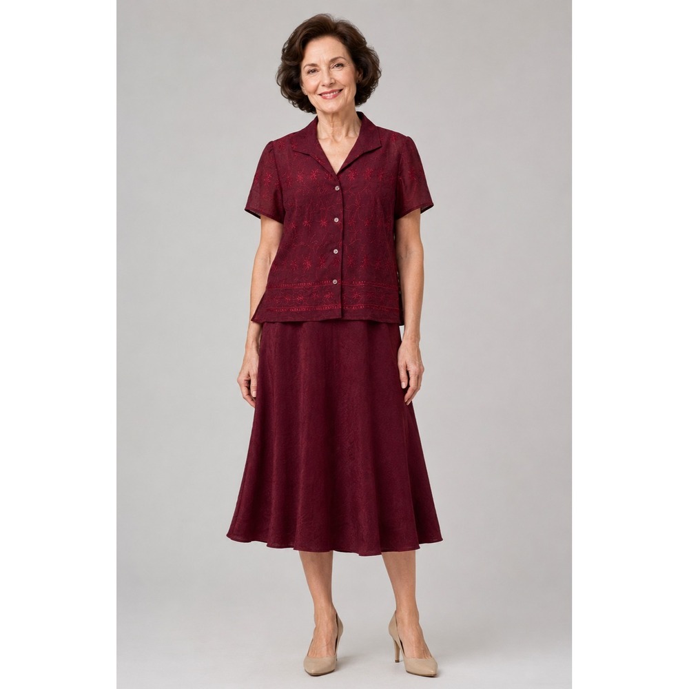 K Petite 2 PC Church Maxi Dress Top Womens 12 P Burgundy Red Crinkle Polyester